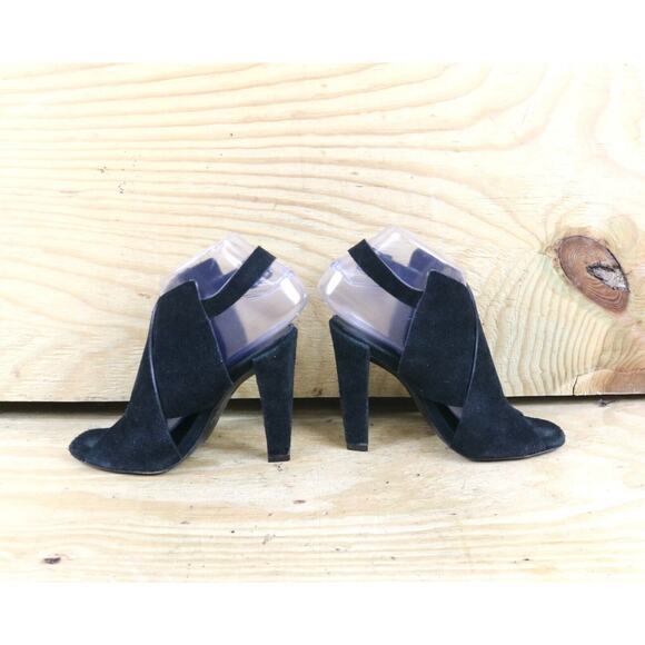 All Saints Womens 6.5 Black Suede Ulla Peep Toe Heels Sandals Strappy Buckle - Picture 3 of 8